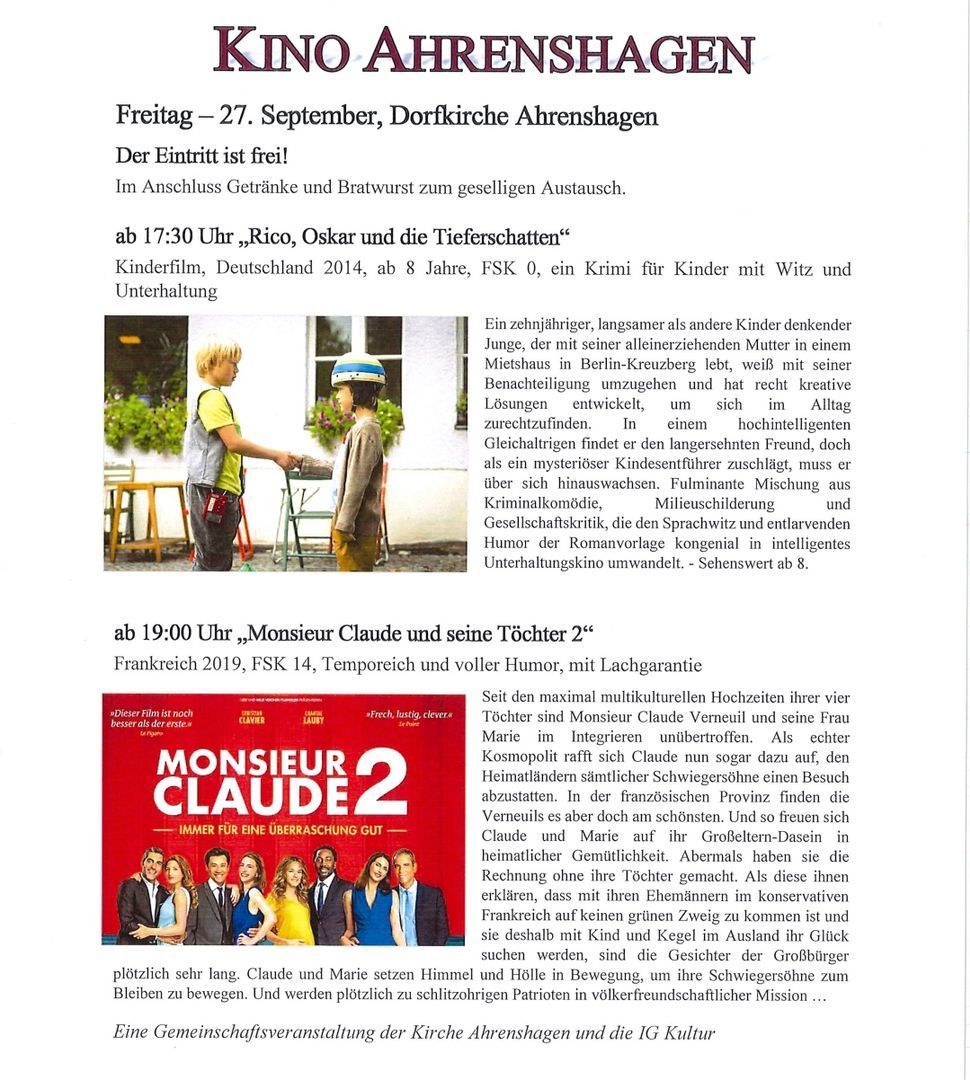 Kino Ahrenshagen Freitag 27.09.2024